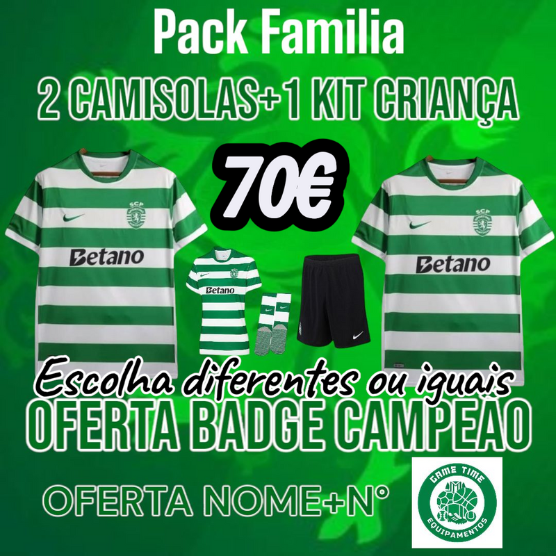 Sporting - Pack Familia 25/26 COM BADGE CAMPEÃO + NOME + N°